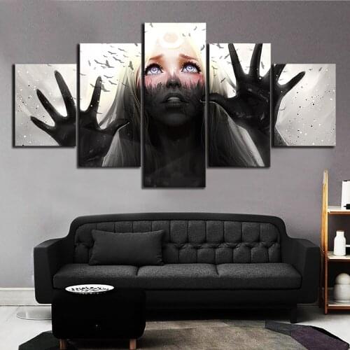 Home Decor Prints Painting 5 Pcs White Hair Anime Girl Pictures Wall Art Modular Modern Canvas Cartoon Poster Bedside Background