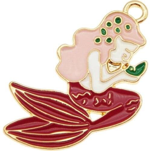 Julie Wang 5PCS Enamel Red Pink Mermaid Charms Gold Tone Mermaid Pendants Alloy Bracelet Jewelry Making Accessory
