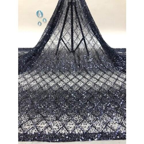African French Tulle Mesh Lace Fabric Navy Blue Beaded Lace Fabric Luxury Handmade Beaded Lace Wedding Fabric XB4637