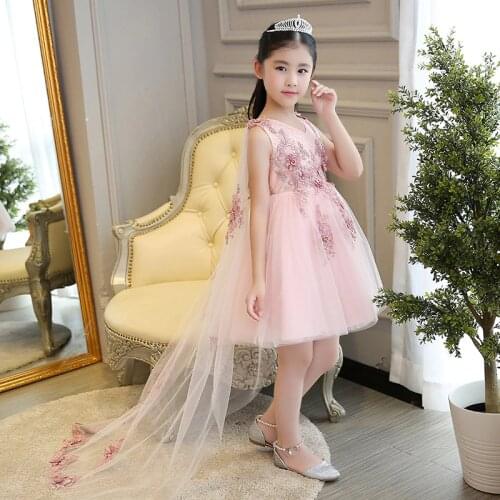 Cute Pink Tulle Girls Pageant Dresses Elegant Long Trailing First Communion Dresses For Children Graduation Flower Girls Gowns