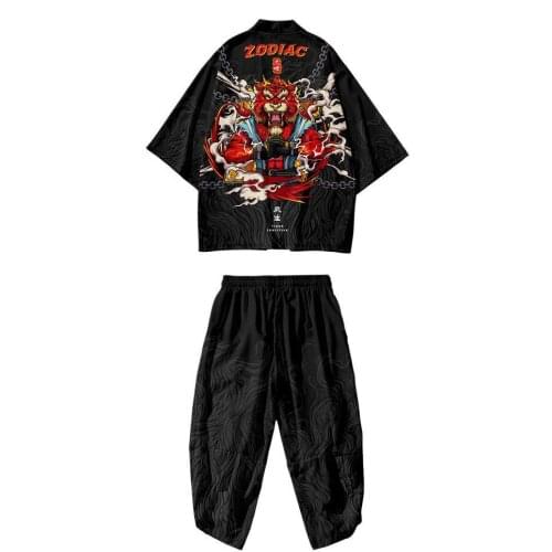 New Trend 12 Zodiac Tiger Kimono Black and White Mens Seven Sleeve Cardigan Loose Style Robe