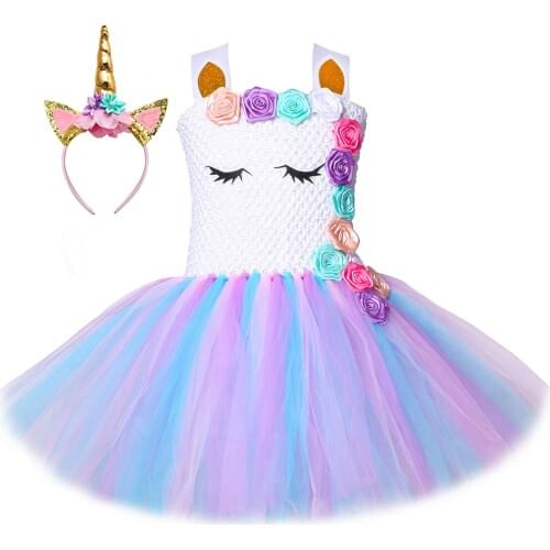 Pastel Girls Unicorn Tutu Dress Tulle Flowers Princess Kids Birthday Party Dresses for Girls Christmas Halloween Unicorn Costume