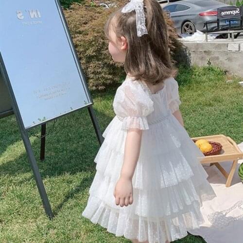 Lantern Sleeve Princess Dress for Kids 2021 Casual Summer Clothing Square Collar Layered Dress Knee-Length Girls Party Dress