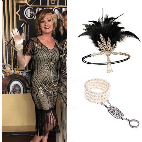 Plus Size Womens Vintage 1920s Fringed Gatsby Sequin Beaded Long Fringe Tassels Hem Flapper Dress with Sleeves Accessories Set