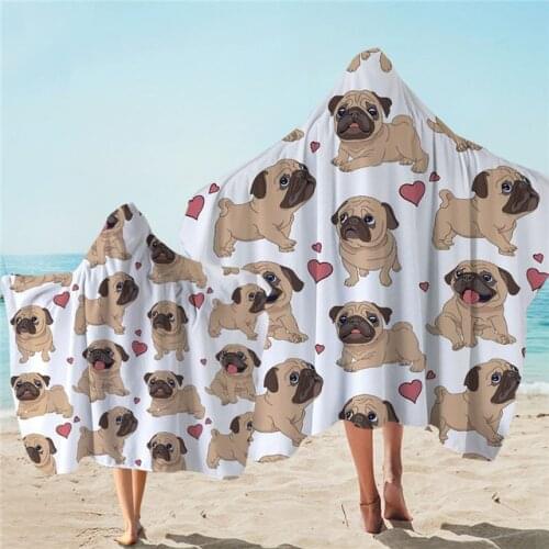 Cute Hippie Pug Dog Parent-child Hooded Cloak Beach Towel Cartoon Microfiber Hooded Changing Robe Kids Adult Wearable Bath Towel