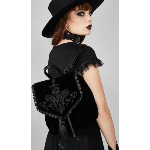 Dark Harajuku Style Velvet Backpack Witch Gothic Magic Embroidery Black Punk Rock Style Ladies Backpack Travel Bag Shoulder Bag