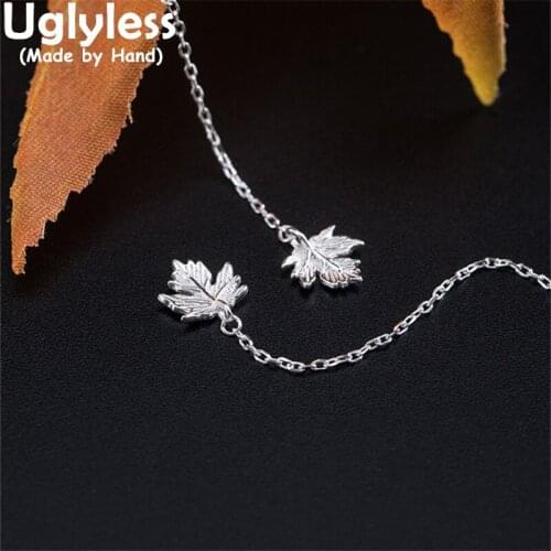 Uglyless Real Silver Maple Dangle Earrings for Women 925 Silver Handmade Leaves Ear Lines Summer Fashion Brincos Elegant Jewelry