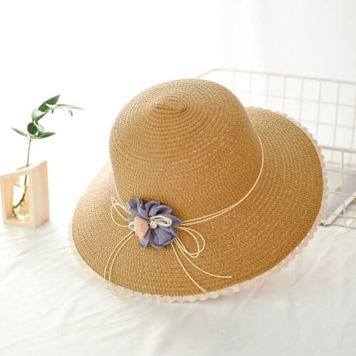 Spring Summer Women Hat Korean-Style Lace Flowers Bucket Hat Beach Sun Straw Hat Foldable College Style Bucket Hat