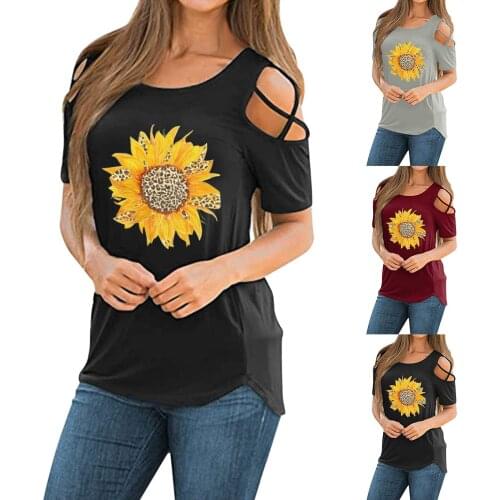 Women Short Sleeve Round Neck Sunflower Printing T-Shirt Exposed shoulders Tee Tops Solid Color Blouse Daily All-match T-shirt