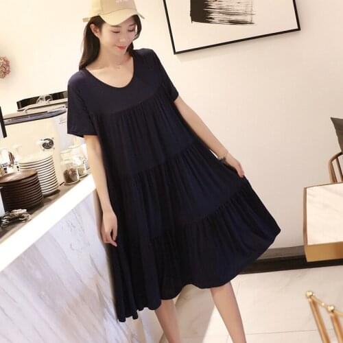 Plus size Nightgown summer nightdress fat mm pure cotton loose navy blue pregnant women skirts female cake skirts pijama