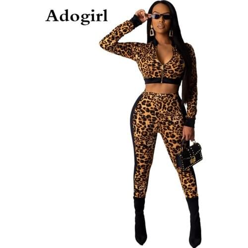 Leopard Print Tracksuit 2020 Fashion Two Piece Set Zipper Long Sleeve Jacket Top+ Pencil Pants Female Suits Womens Clothing