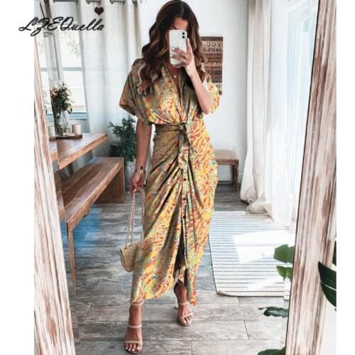 LZEQuella Women Floral Print Long Dress Short Sleeve Belt Dresses Sexy V Neck Sashes Vestidos 2020 Ladies Clothes NZ3839