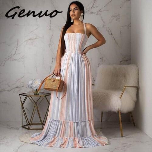 Colorful Striped Summer Beach Dress Women Off The Shoulder Backless Long Maxi Vestidos Sexy Halter Chiffon Bohemian Dress Tunic
