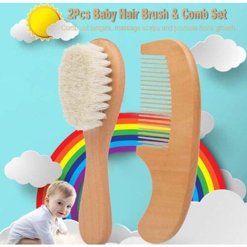 2Pcs Woolen Baby Hair Brush Hair Comb Suit Newborn Care Pure Natural Wool Baby Wooden Brush Daily UseInfant Comb Head Massager