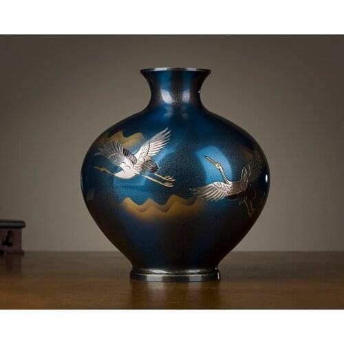 8.2inches Japan Takaoka Douki Art Deco Pure Brass Crane Vase Pot Decoration Home Furnishings Gift Statue