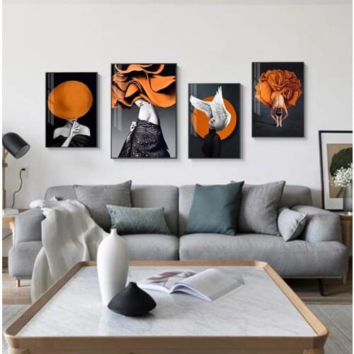 Abstract Black Orange Canvas Painting Flower Dress Girl Poster Print Contemporary Wall Art Pictures For Living Room Bedroom Deco