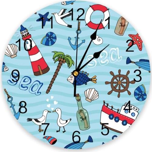 Sea Element Lighthouse Cruise Ship Seagull Print Wall Clock Wall Art Silent Round Wall Watch for Home Decortaion Gift