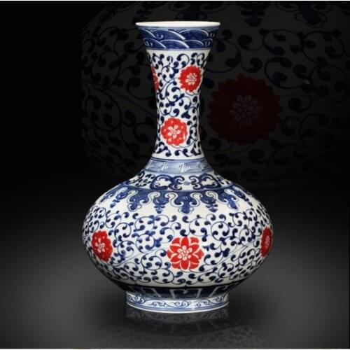Jingdezhen ceramic Vase Handpainted Blue And White Glazed Red Lotus Branch Set Vase Living Room Handicraft decorate vases