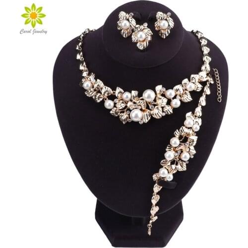Elegant Simulated Pearl Bridal Jewelry Sets Wedding Jewelry Leaf Crystal Gold Color Necklaces Earrings Bracelet Ring Sets
