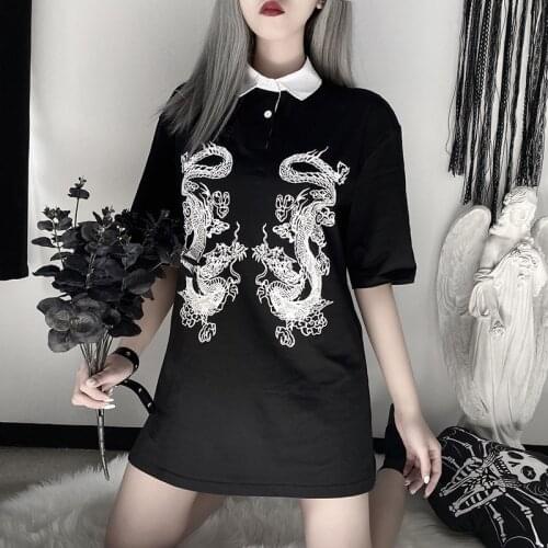 Chinese Dragon Shirt Black Harajuku Long T-Shirts For Teens Japanese Streetwear Women Chinese Top Gothic Clothes Woman 10214