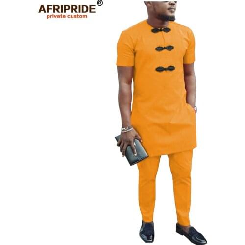 African Men Shirt Suit Dashiki Blouse Shirts+ Ankara Pants Set Tracksuit Pocket Outfit Slim Fit Formal Wear AFRIPRIDE A1916047