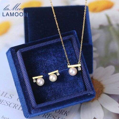 LAMOON 925 Silver Necklace Earring Jewelry Set For Women Natural Freshwater Pearl 14K Gold Plated Office Lady Jewelry Korean