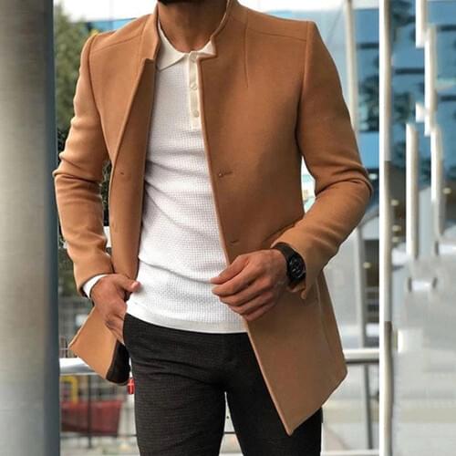 Fashion Men Slim Woolen Coat Simple Stand Collar Single-Breasted European Black Jacket Cardigan Oversize Windbreaker 2021 Spring