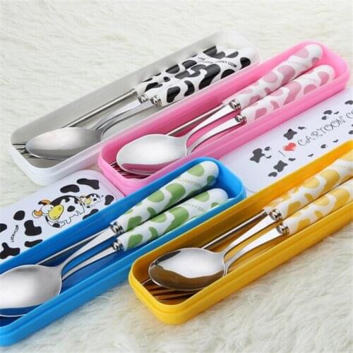 Baby Kids Cute Fork Spoon Cutlery Set Cartoon Ceramic Handle Stainless Steel Chopsticks Fork Children Cutlery Portable Tableware