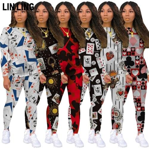 Classic Casual Poker Print Pattern Pullover Long Sleeve Pants Home Comfort Women Clothes Outfits