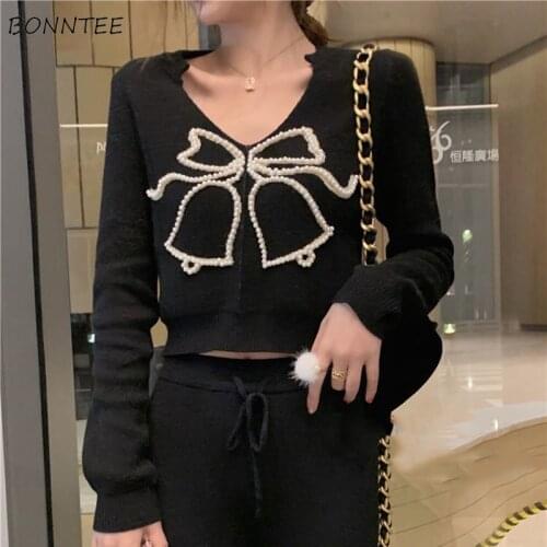Pullovers Women Slim Cropped Tops Beading Small Bell Full Sleeve Knitting All-match Korean Style Temperament Sexy New Arrival