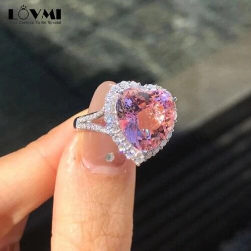 Luxury Pink Female Ring Silver 925 Tourmaline Heart Shape Geometric Finger Jewelry For Wedding Party Promise Gems Woman Rings