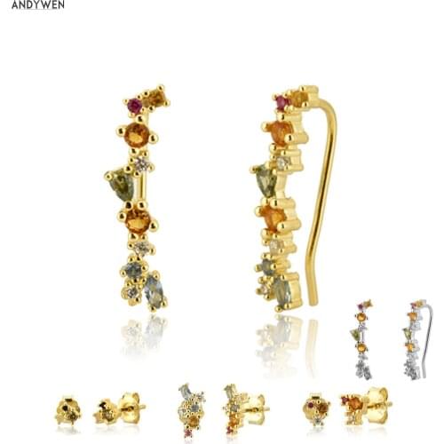 ANDYWEN 100% 925 Sterling Silver Gold 18mm Climber Stud Earring Fine Thread Ear Pin Luxury Crystal CZ Zircon PiercingJewelry