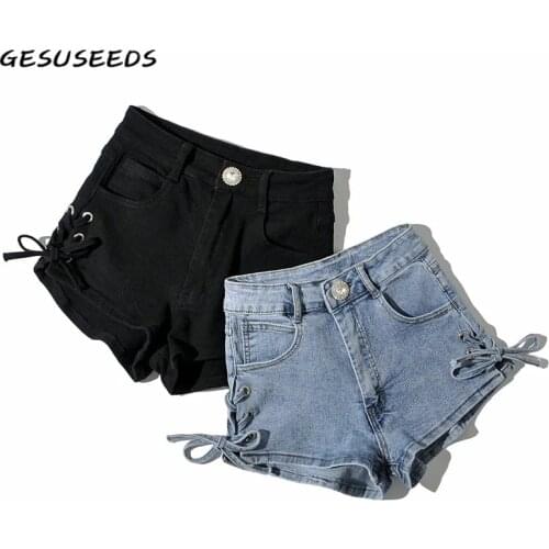 2021 Fashion shorts women summer jean shorts vintage baggy jeans black bandage wide leg shorts women high waist jeans casual