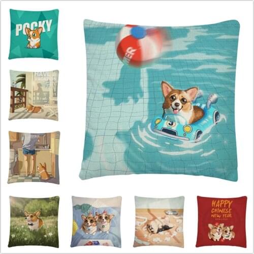 Cute Corgi Dog Cartoon Pattern Linen Cushion Cover Pillow Case for Home Sofa Car Decor Pillowcase 45X45cm