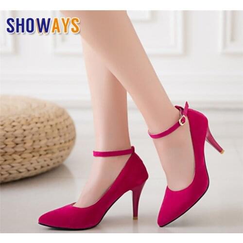 Big Size Women Pumps Black Flock Pointed Toe 8cm High Spike Heel Casual Party Office Ankle Buckle Strap Lady Thin Stiletto Shoes