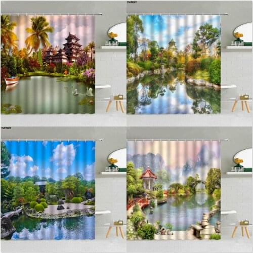 Chinese Style Garden Landscape Shower Curtain Forest Mountain Pavilion Lake Tree Tower Bathroom Supplies Cloth Curtains Decor