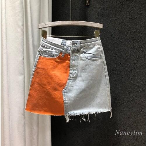 Color Patch Denim Skirts Women New Korean Style Fashion Loose Irregular High Waist Raw Edge Jean Skirt Spring and Summer 2021