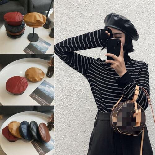 Women Hot Fashion Beret Solid Faux PU Leather Beret French Artist Warm Beanie Hat