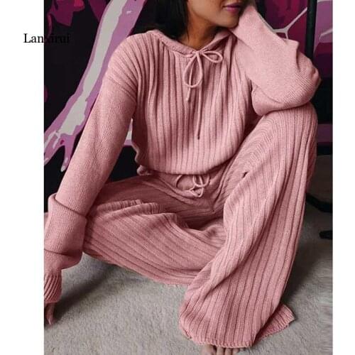 Casual Solid Color Knit Rib Two-pieces Pants Sets Autumn Spring Women Outfits Long Sleeve Hoodies+Lace-up Loose Trousers