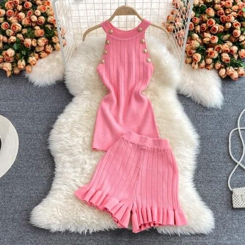 Amolapha Women Hot Sale Casual Knitted 2-Piece Set Double Breasted Halter Neck Pullover Tops+High Waist Ruffles Wide Legs Shorts