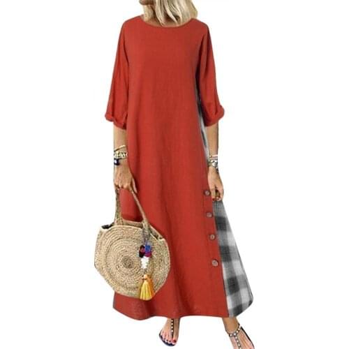 Summer Ladies Casual Long Dresses Plaid Patchwork Buttons O-Neck Half Sleeve Kaftan Women Loose Maxi Dress Fashion Clothing 2021