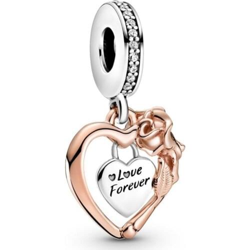 1Pcs New Pretty Heart Rose Pendant DIY Beads Suitable for Original Pandora Charm Bracelet Ladies Jewelry Making Gifts