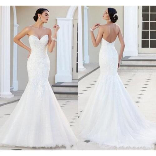 2021 Modest Lace Mermaid Dresses Sweetheart Strapless Appliques Tulle Backless Wedding Gowns Cheap Beach Church Bridal