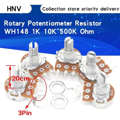5pcs WH148 B1K B2K B5K B10K B20K B50K B100K B500K 3Pin 20mm Shaft Amplifier Dual Stereo Potentiometer 1K 2K 5K 10K 50K 100K 500K