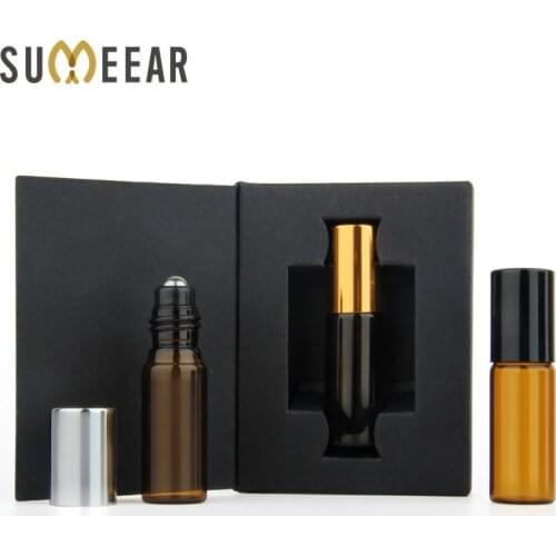 50 pieces/Lot 5ml Roller ball Essential Oil Bottles Refillable Roll On Bottle Brown With packing box for Sample Gift
