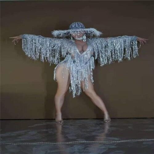 H135 Bodysuit Tassels Singer Sexy Leotard Siamese Pole Dancer High Elastic Stretched Party Costume Pearls Diamond Drilling Model