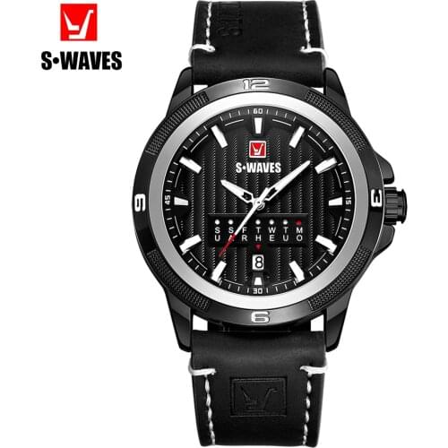 SWAVES Fashion Watches Mens 2019 Quartz Analog Watch Men Luxury Waterproof Leather Band Black Silver Reloj Hombre Dropshipping