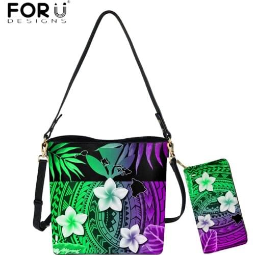 FORUDESIGNS Large Capacity Designer Women Shoulder Bag And Purse 2pcs Set Hawaii Polynesian Tribal Plumeria Print Messenger Sac