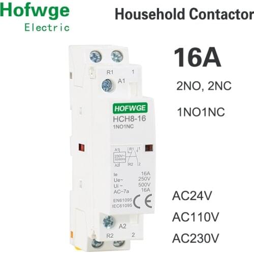 HCH8-16 Modular Contactor 2P 2NO 2NC 1NO1NC 220V 110V AC24V Automatic Household Contactor Din Rail Type