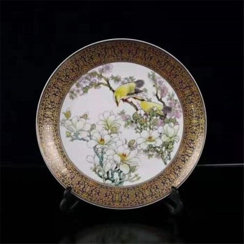 Chinese Porcelain Painting Golden Magnolia Flower Bird Plate Fruit Plate Porcelain Plate Dish Home Decoration Feng Shui Gift